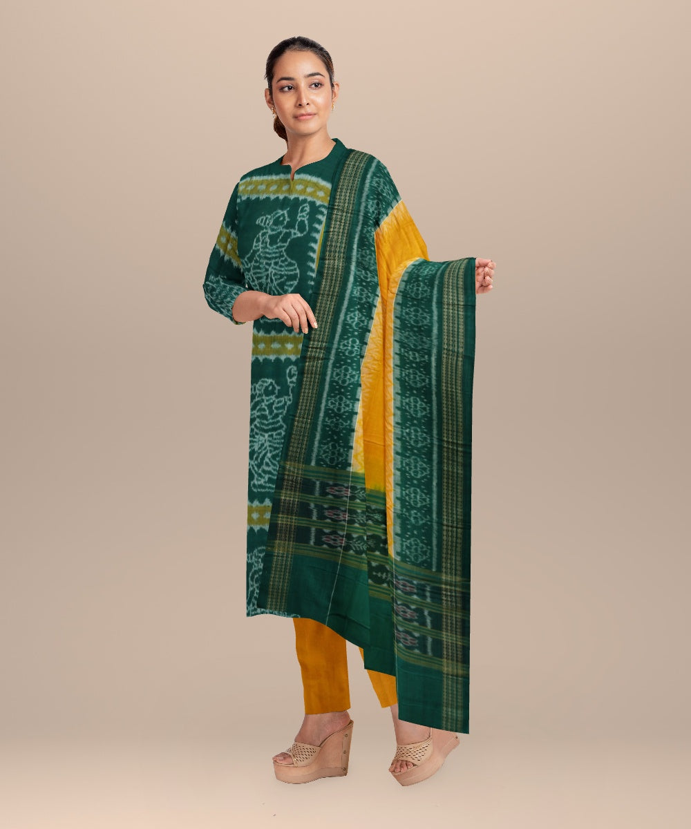Dark green orange handloom cotton sambalpuri dress material