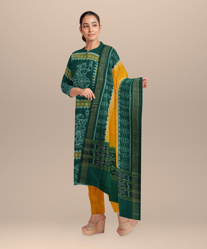 Dark green orange handloom cotton sambalpuri dress material