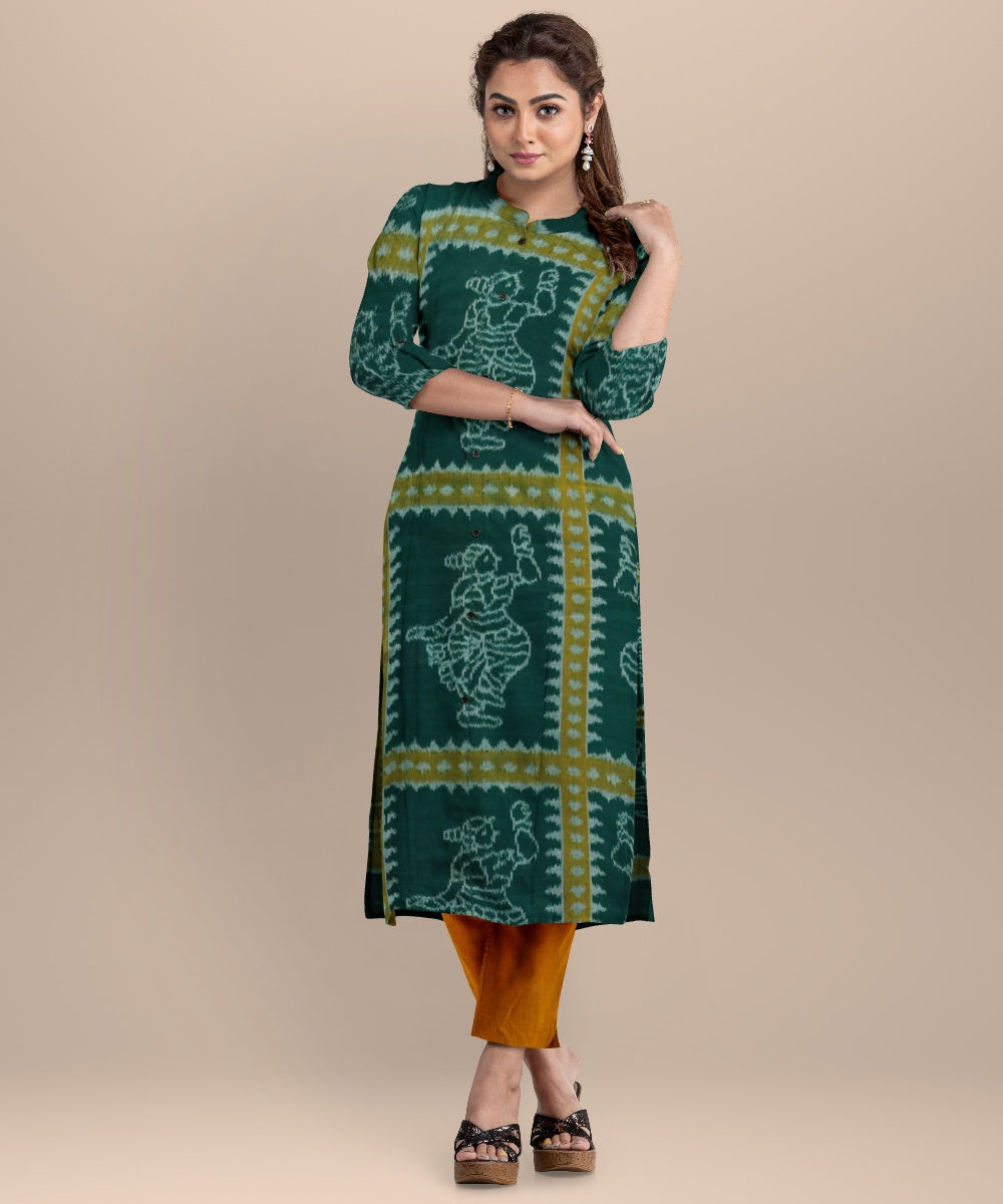 Dark green orange handloom cotton sambalpuri dress material