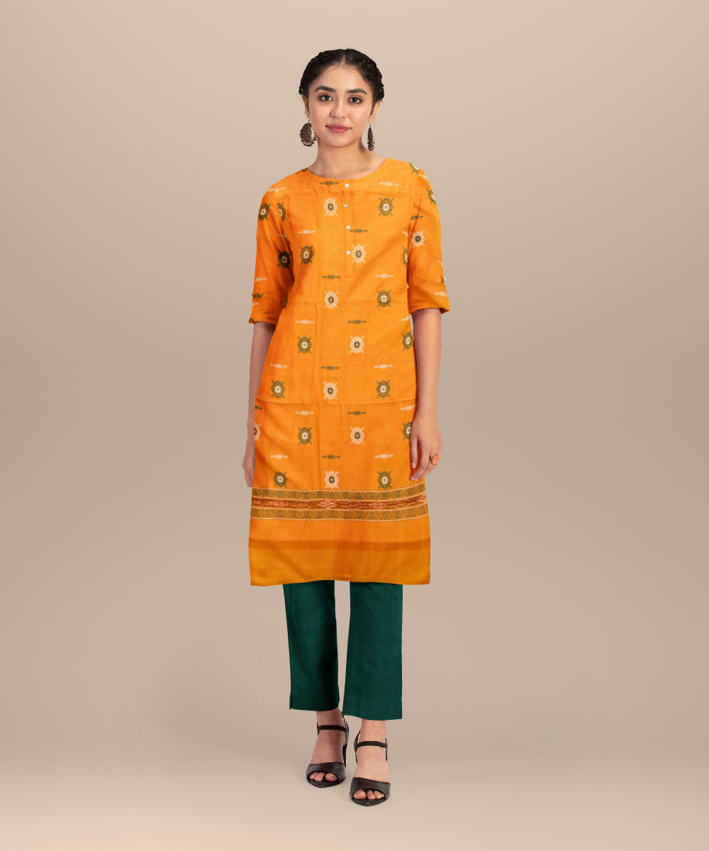 Yellow dark green handloom cotton silk bomkai dress material