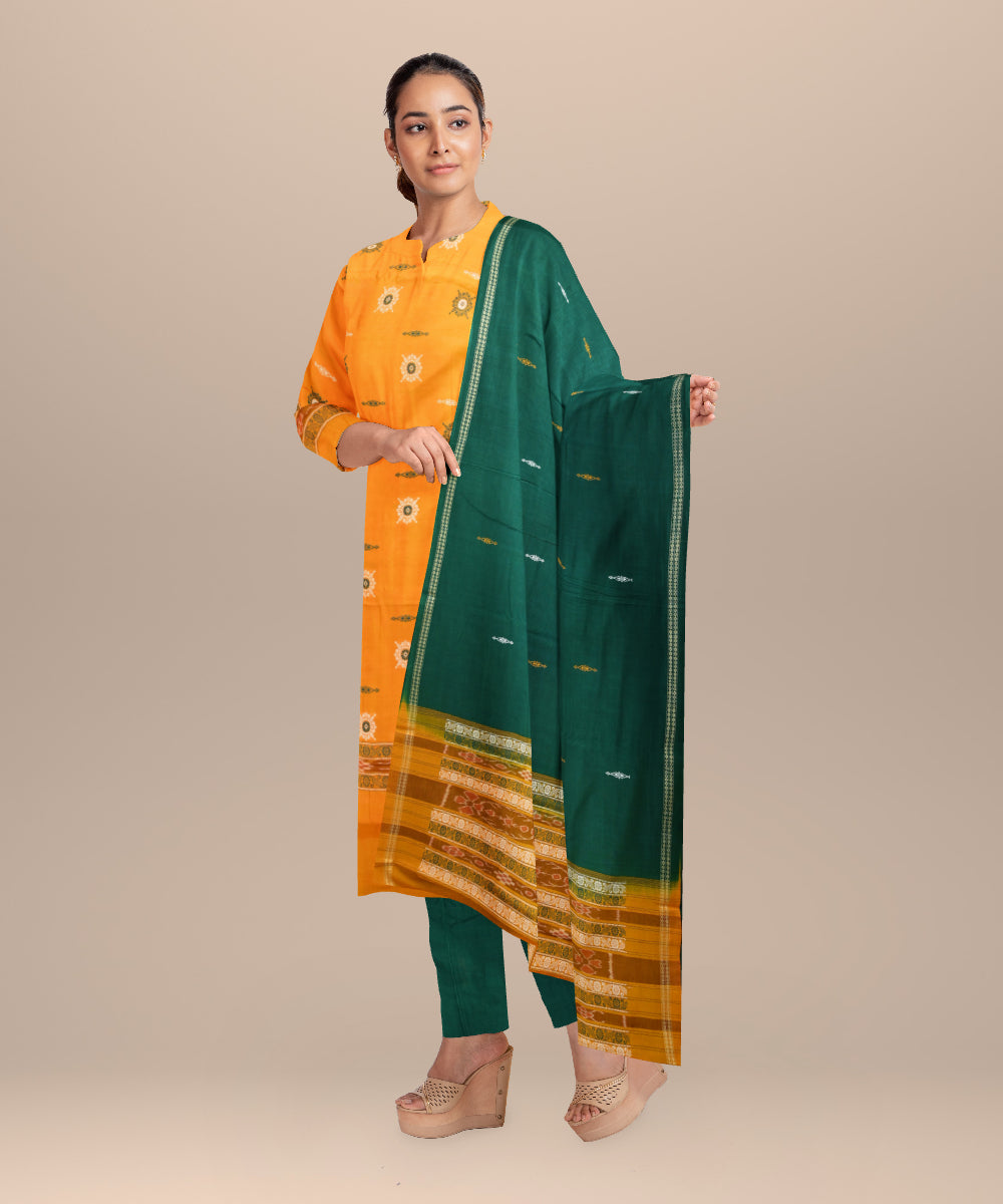 Yellow dark green handloom cotton silk bomkai dress material