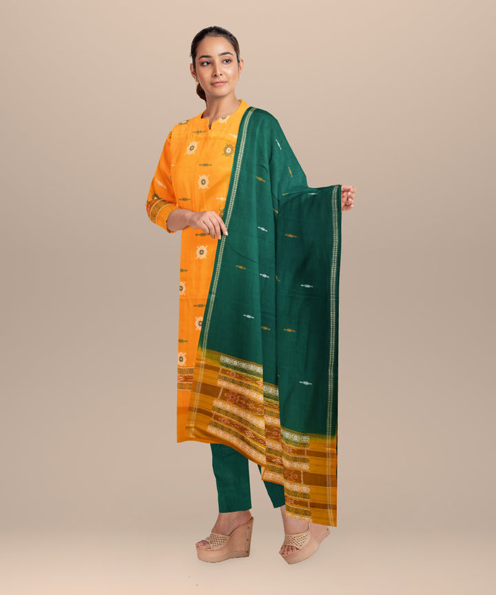Yellow dark green handloom cotton silk bomkai dress material