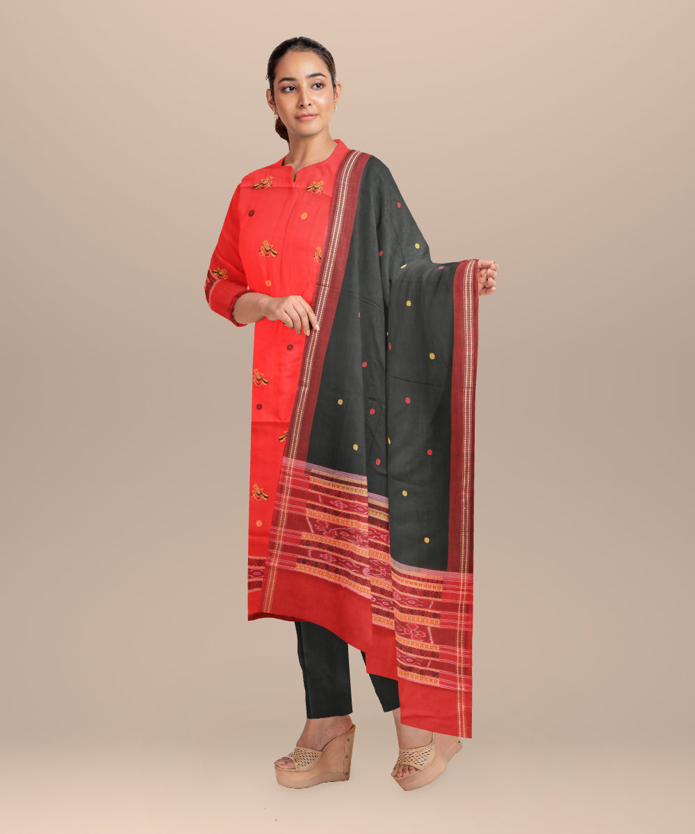 Red black handloom cotton silk bomkai dress material