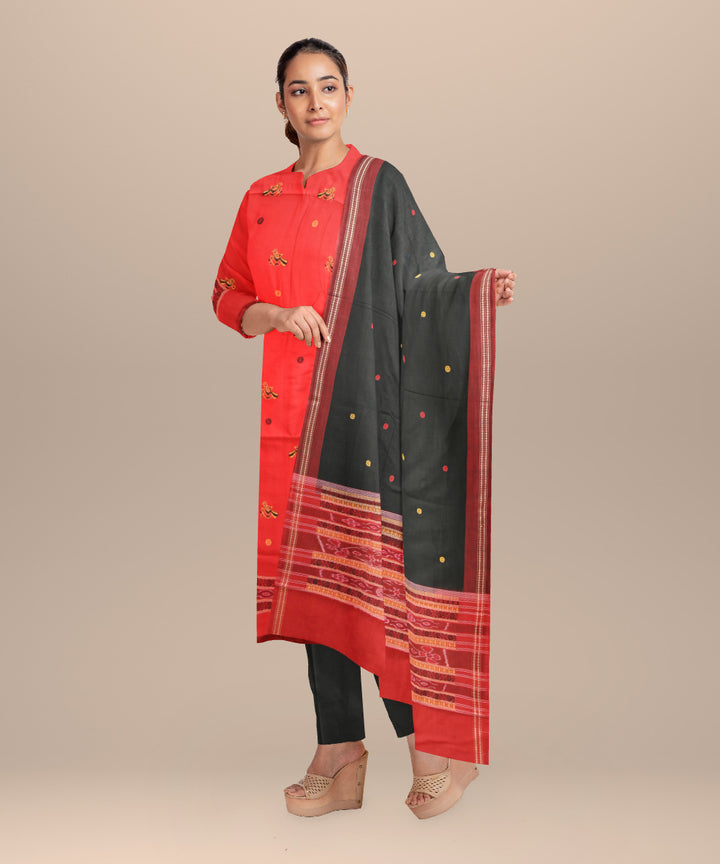 Red black handloom cotton silk bomkai dress material