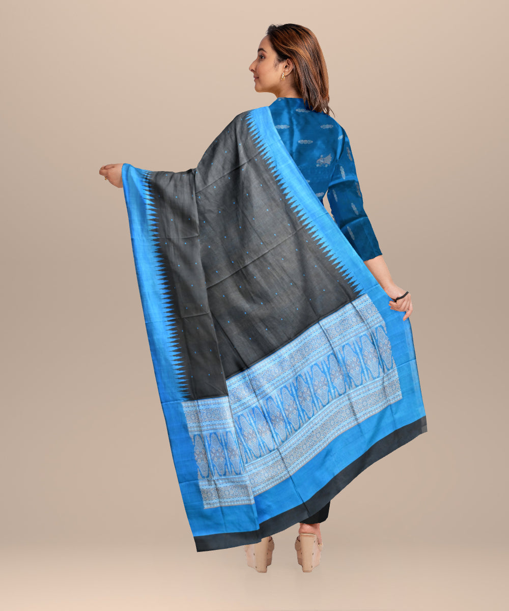 Sky blue black handloom silk bomkai dress material