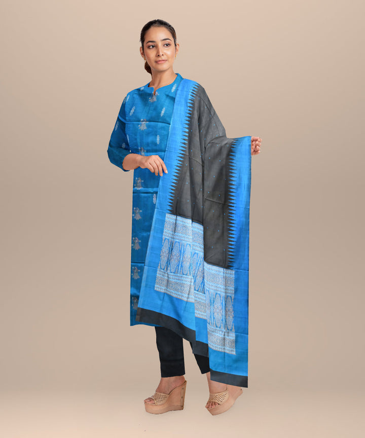 Sky blue black handloom silk bomkai dress material