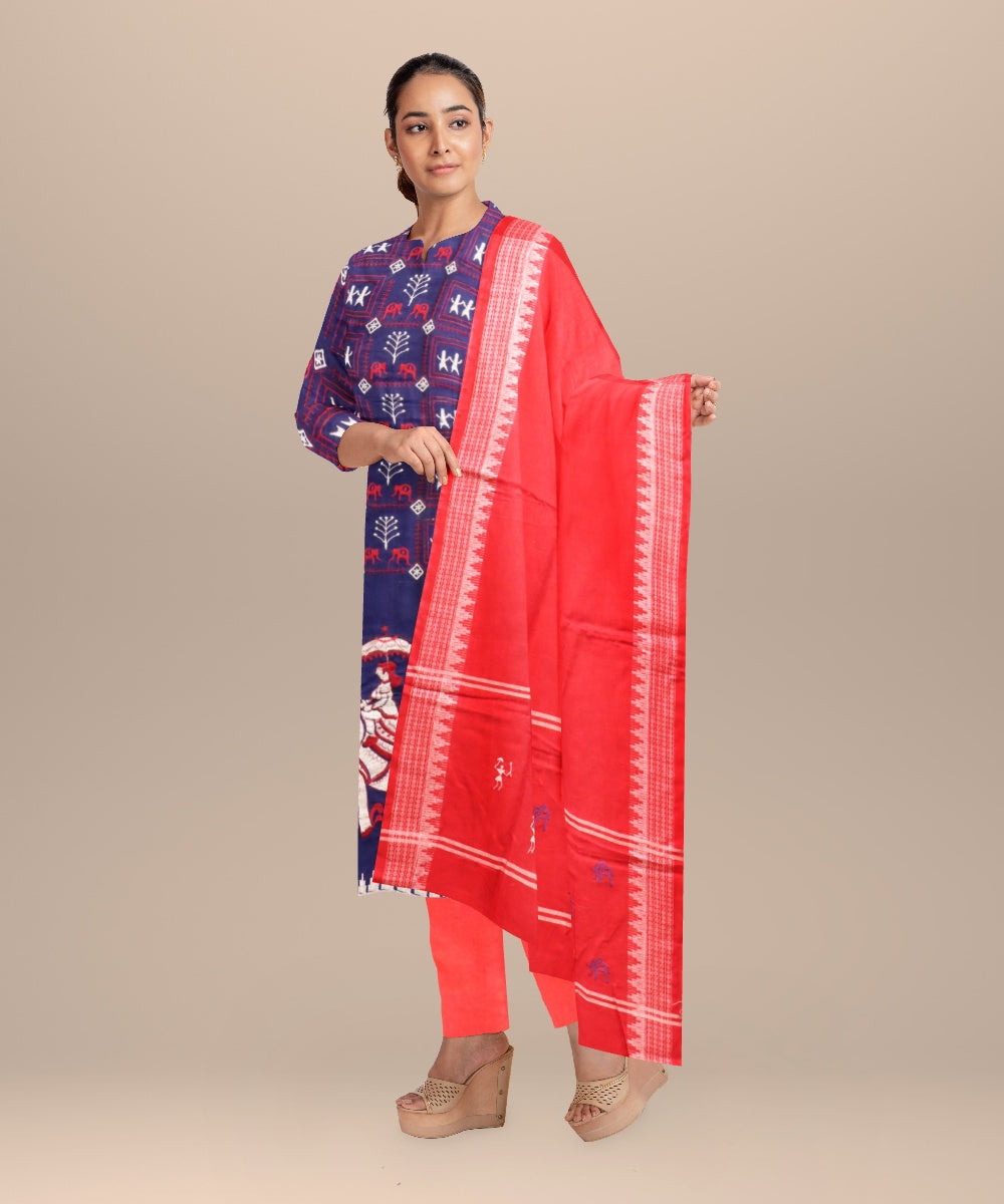 Sky blue dark red handloom cotton nuapatna dress material