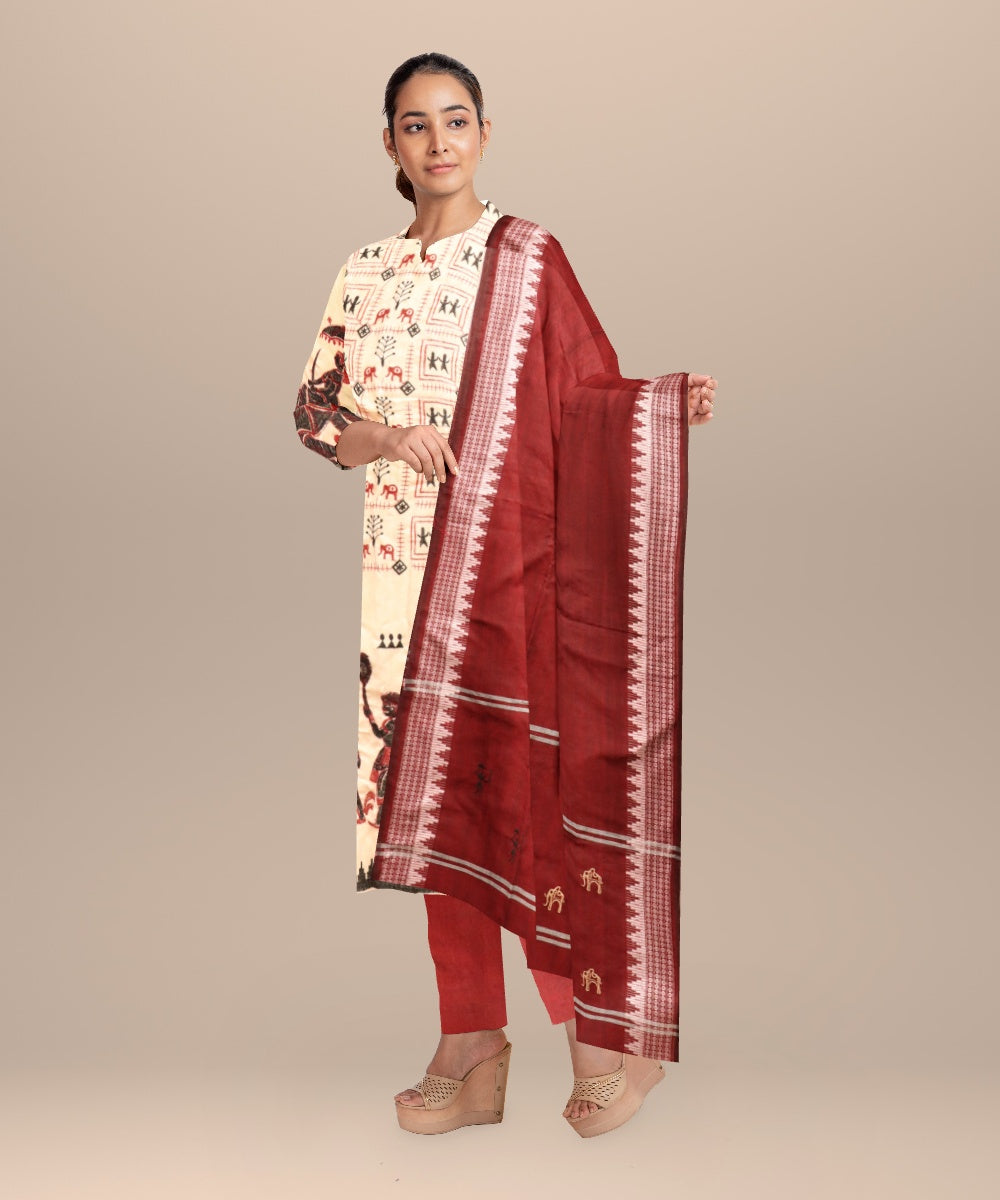 Beige burgundy handloom cotton nuapatna dress material
