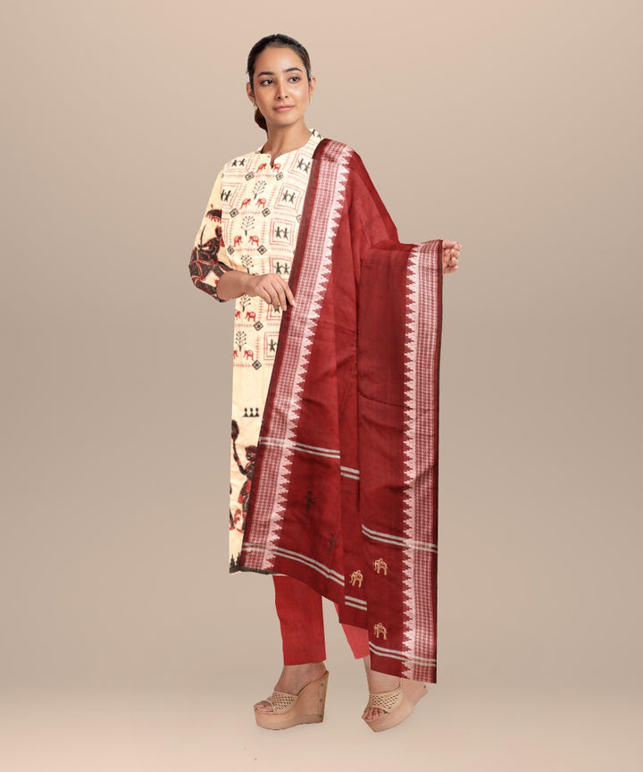 Beige burgundy handloom cotton nuapatna dress material