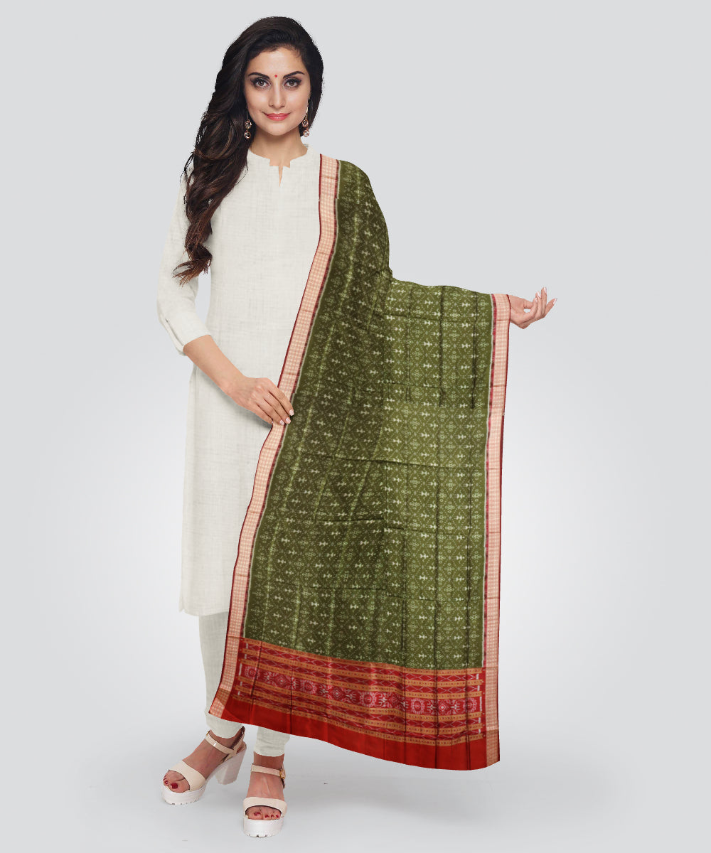 Dark moss green dark maroon cotton handloom sambalpuri dupatta