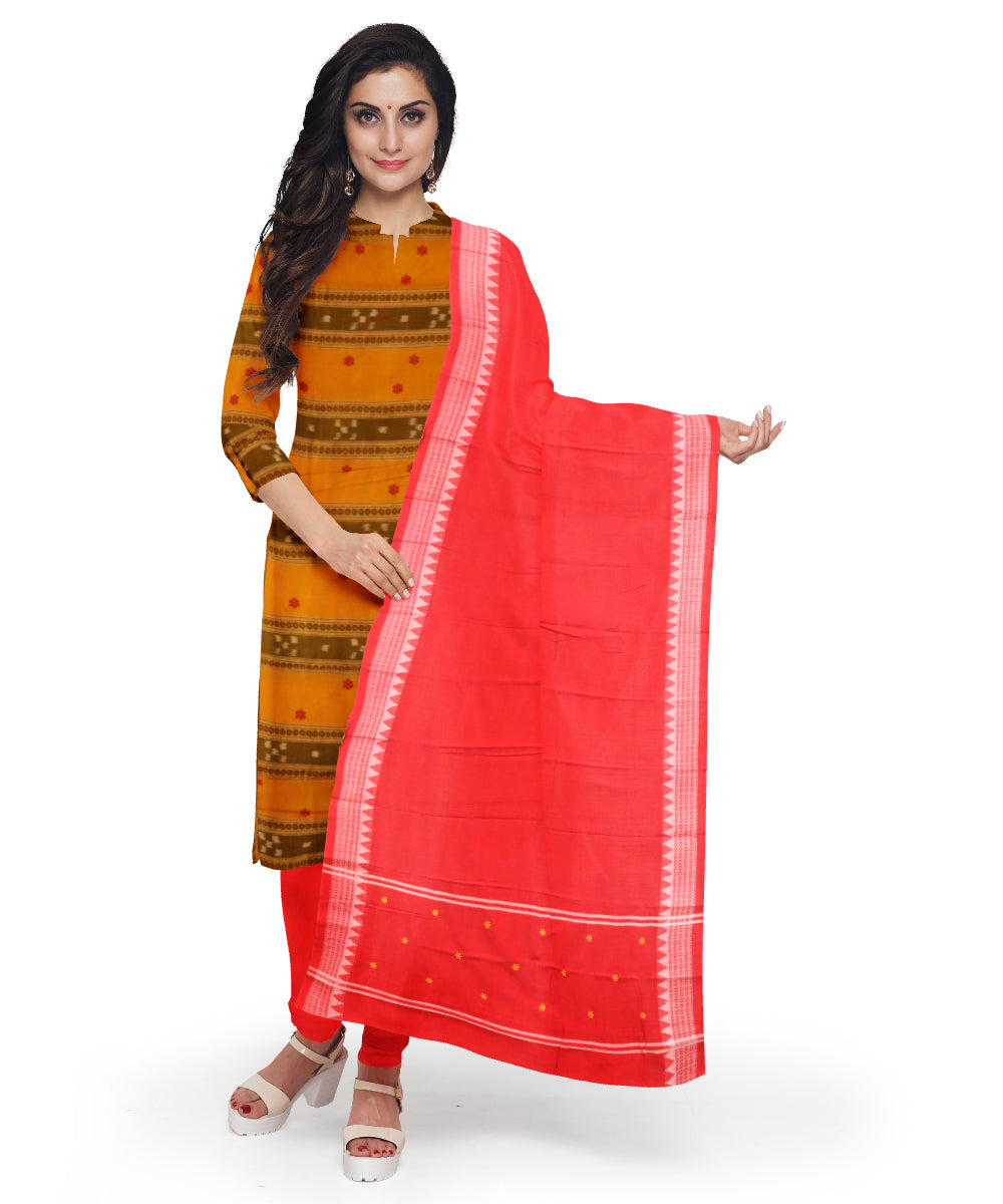 Yellow dark red handloom cotton nuapatna dress material
