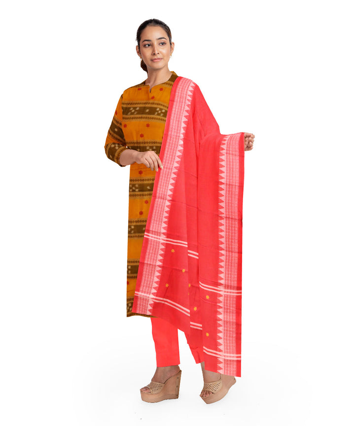 Yellow dark red handloom cotton nuapatna dress material
