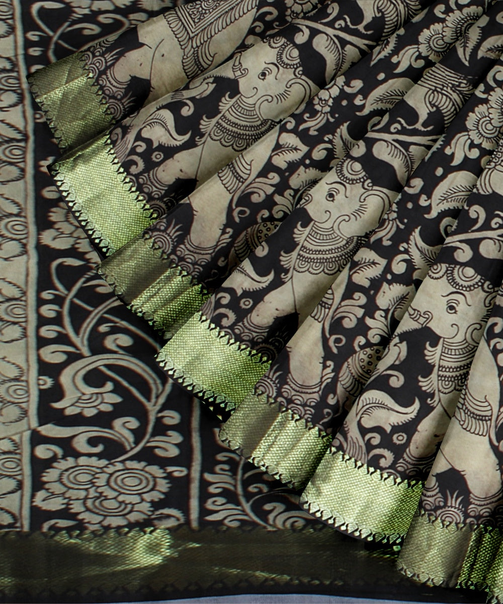 Black offwhite silk hand painted kalamkari saree