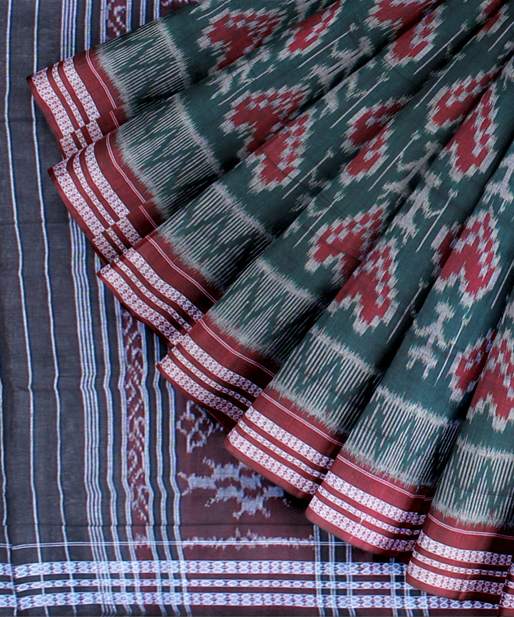 Dark green green maroon cotton handwoven sambalpuri saree