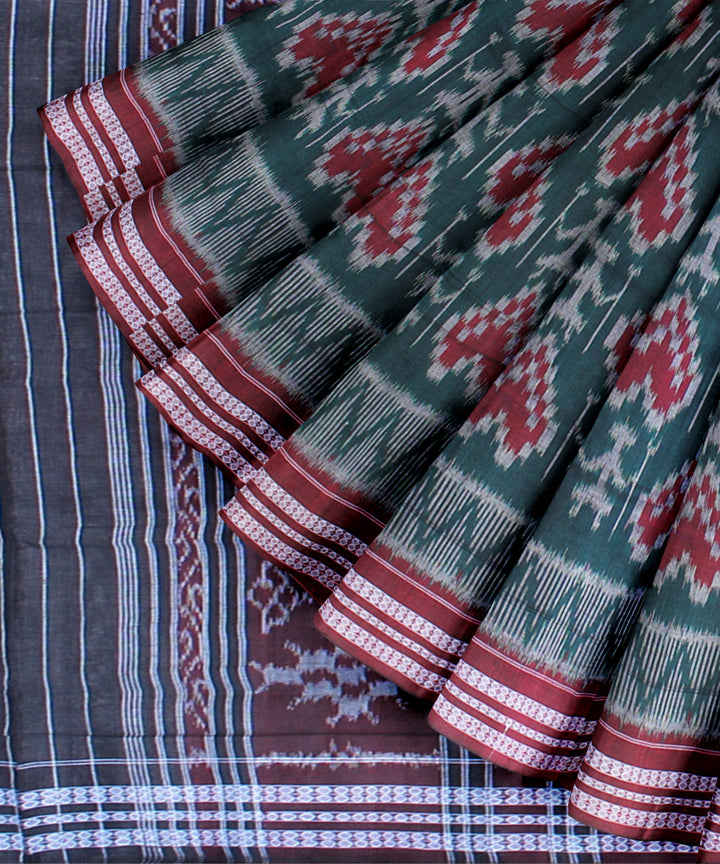 Dark green green maroon cotton handwoven sambalpuri saree