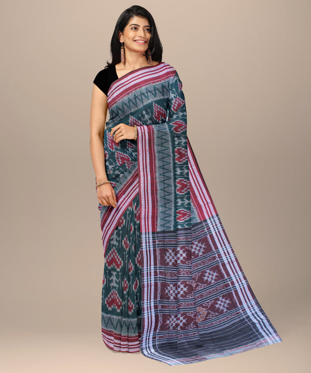 Dark green green maroon cotton handwoven sambalpuri saree