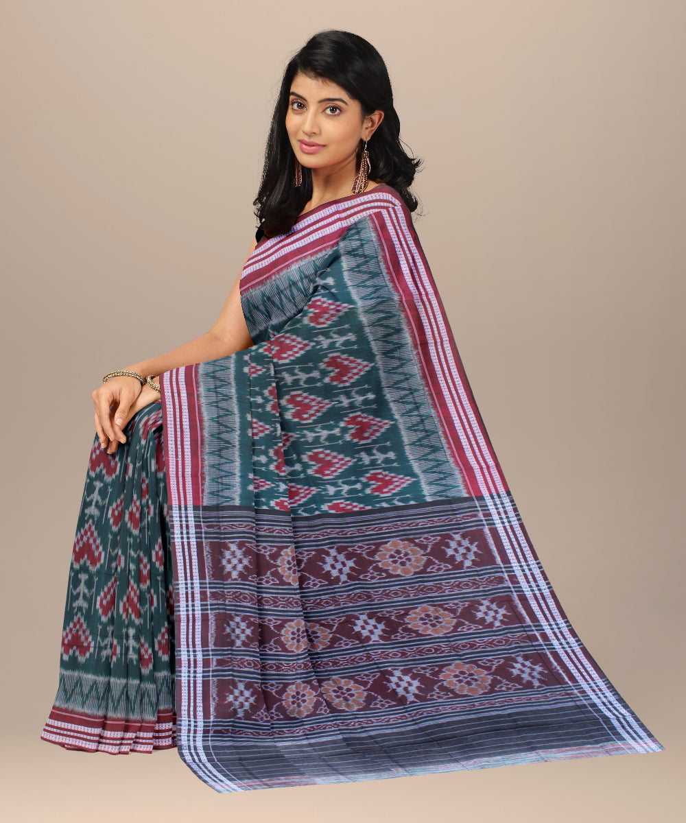 Dark green green maroon cotton handwoven sambalpuri saree
