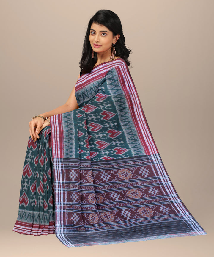 Dark green green maroon cotton handwoven sambalpuri saree