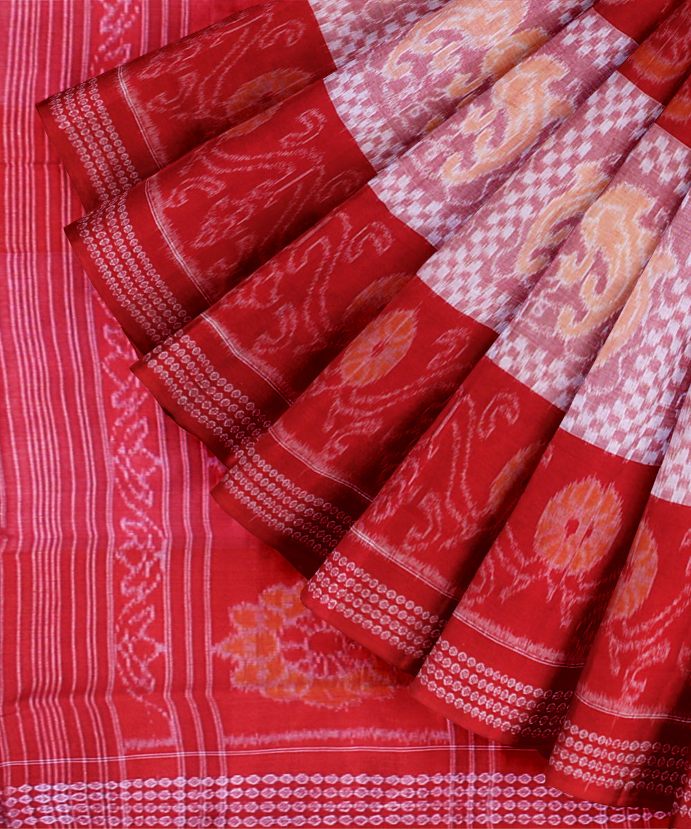 Red light pink cotton handwoven sambalpuri saree
