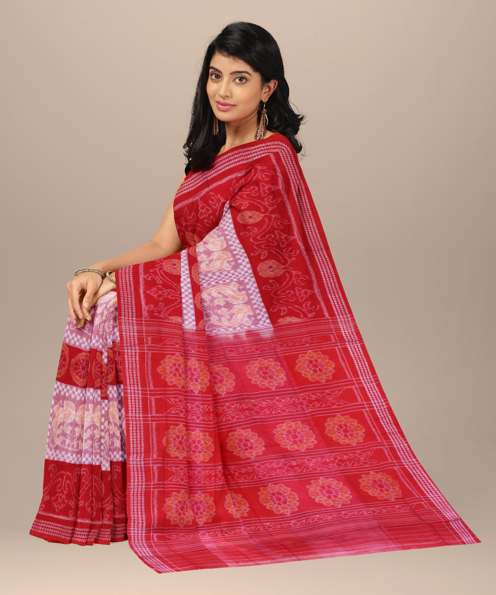 Red light pink cotton handwoven sambalpuri saree