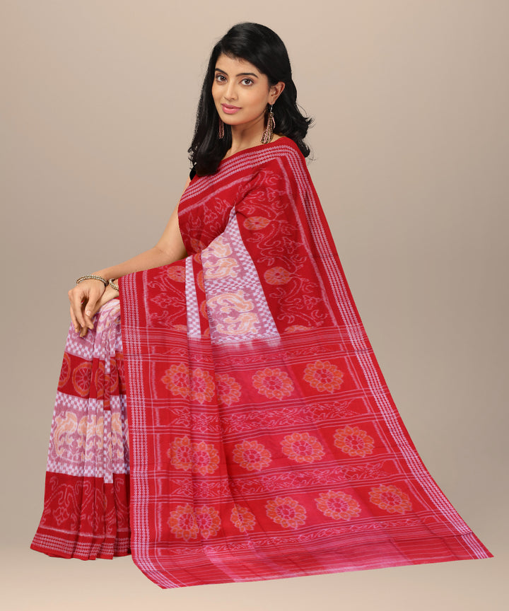 Red light pink cotton handwoven sambalpuri saree