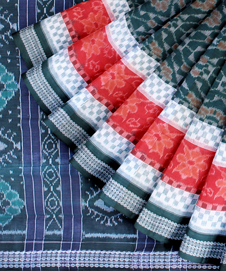 Dark green red cotton handloom sambalpuri saree
