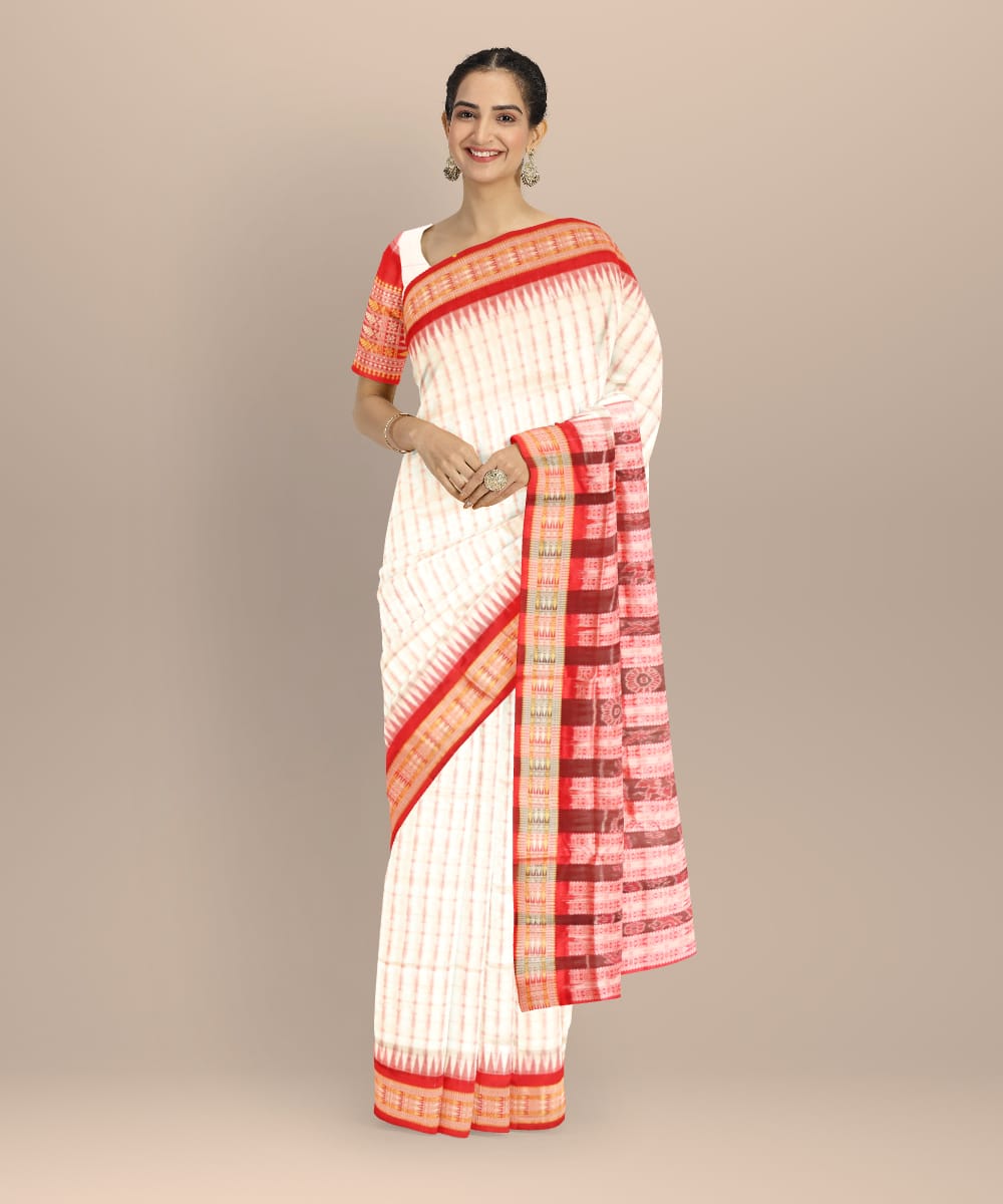 White carmine silk handloom bomkai saree
