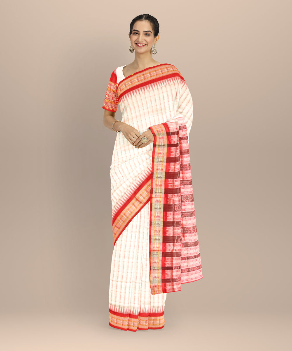 White carmine silk handloom bomkai saree