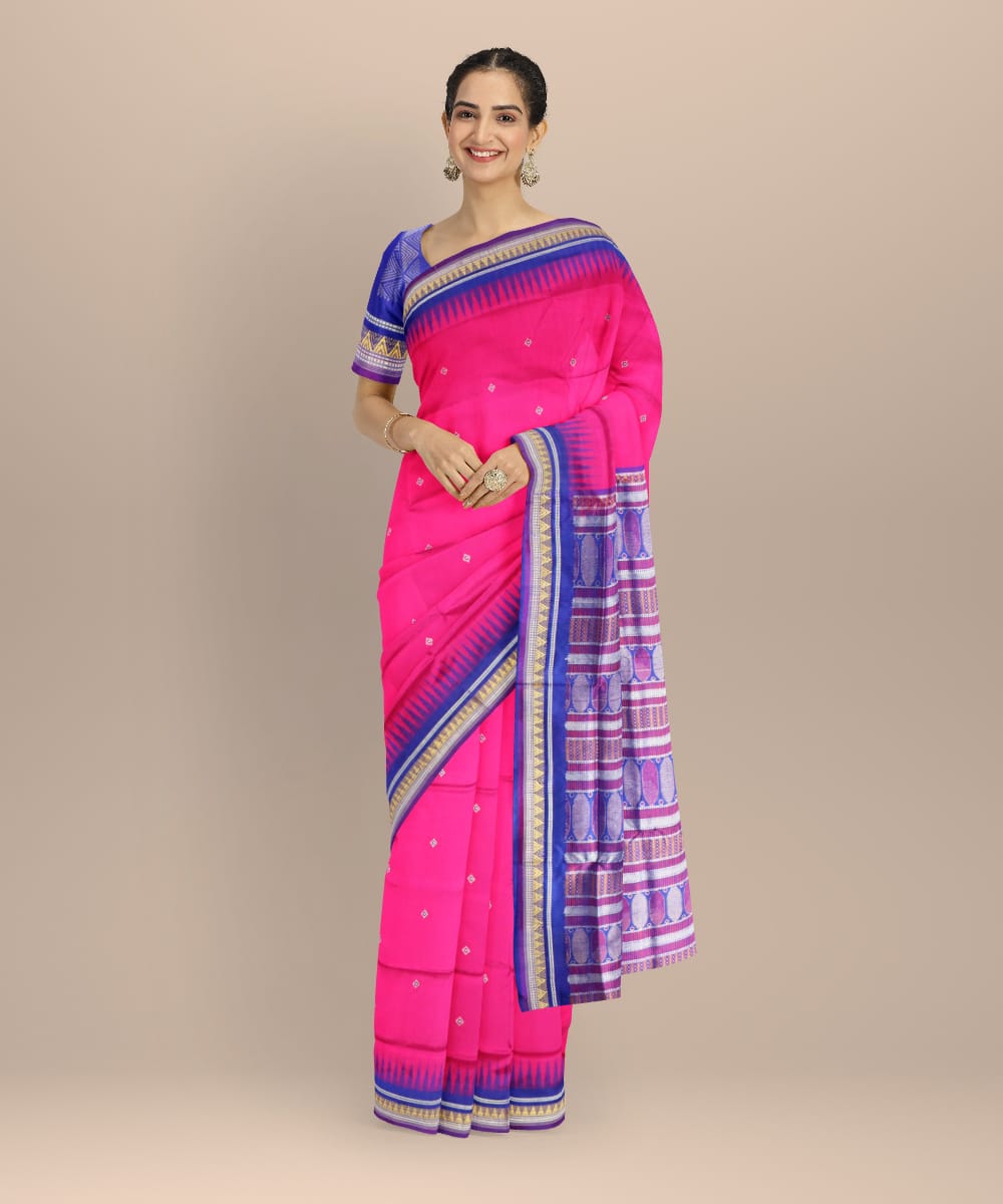 Pink catalina blue silk handloom bomkai saree