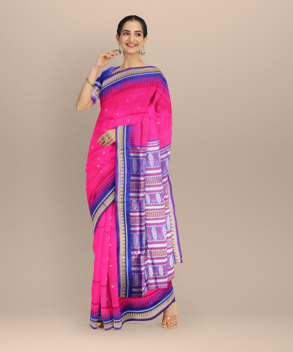 Pink catalina blue silk handloom bomkai saree