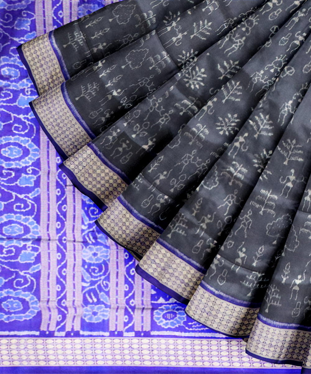 Grey dark blue silk handloom sambalpuri saree