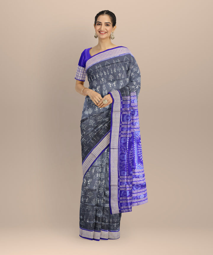 Grey dark blue silk handloom sambalpuri saree