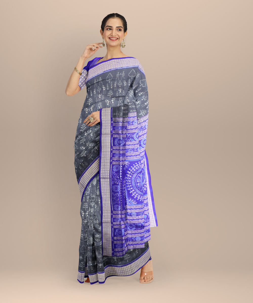 Grey dark blue silk handloom sambalpuri saree