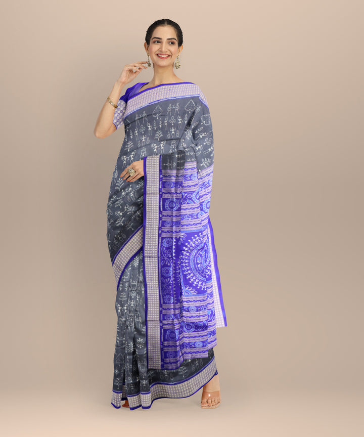 Grey dark blue silk handloom sambalpuri saree