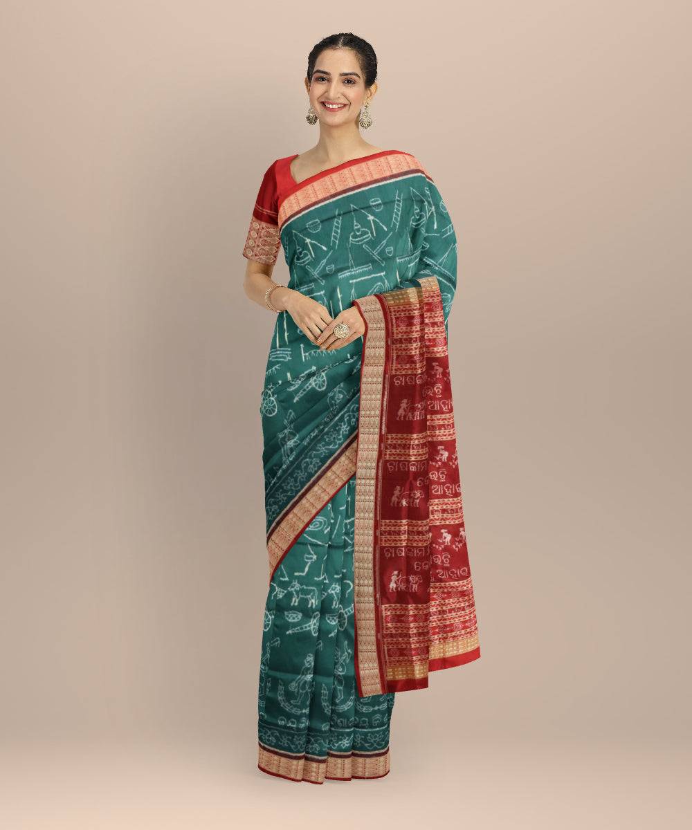 Teal green maroon silk handloom sambalpuri saree