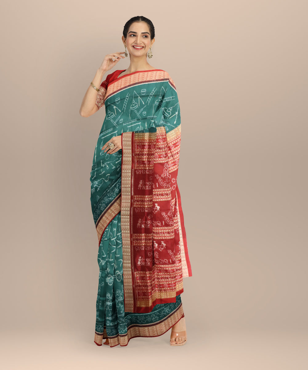 Teal green maroon silk handloom sambalpuri saree