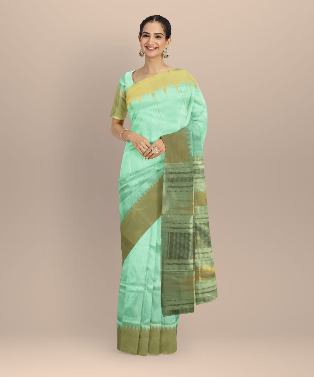 Turquoise golden silk handloom sambalpuri saree