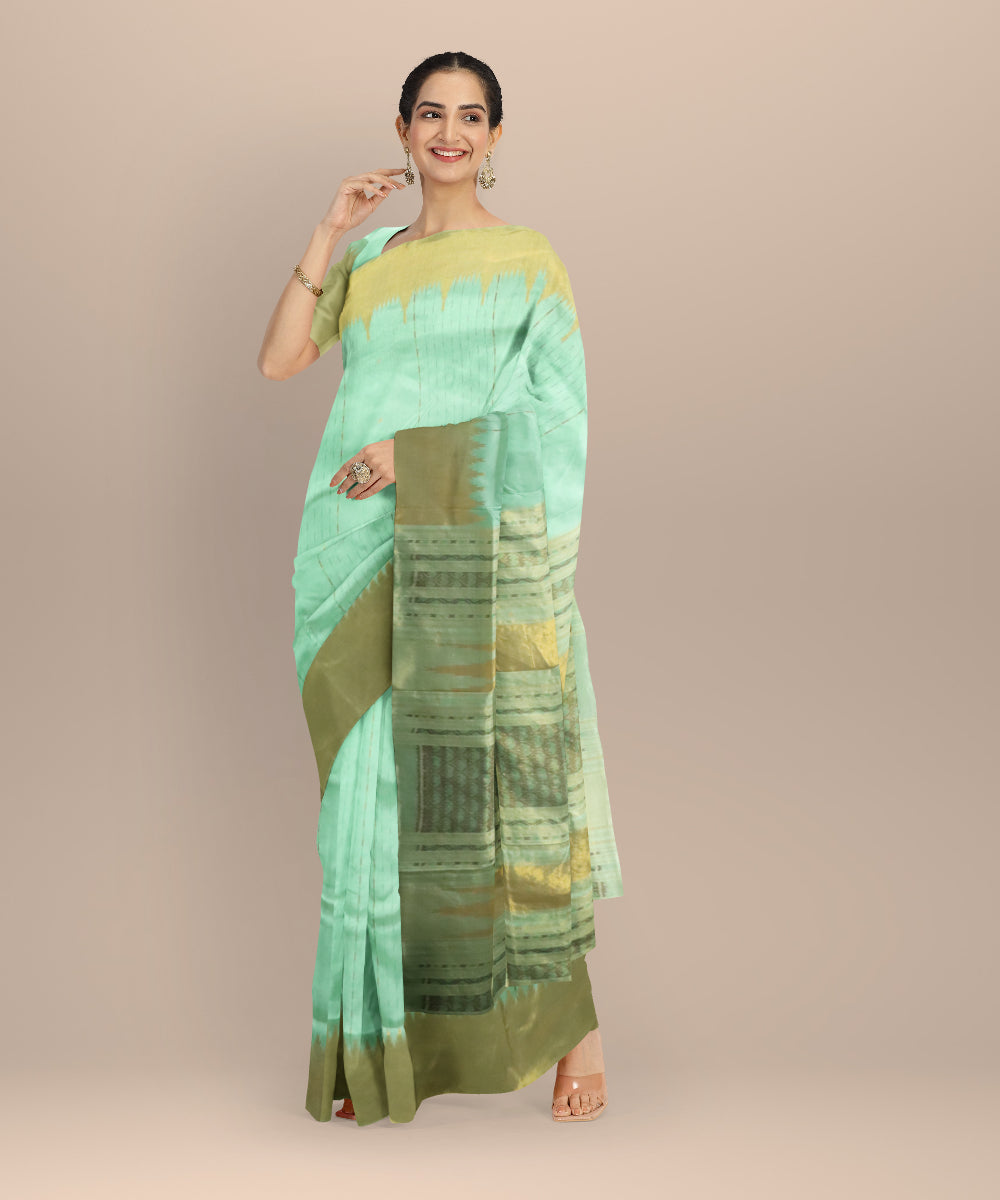 Turquoise golden silk handloom sambalpuri saree
