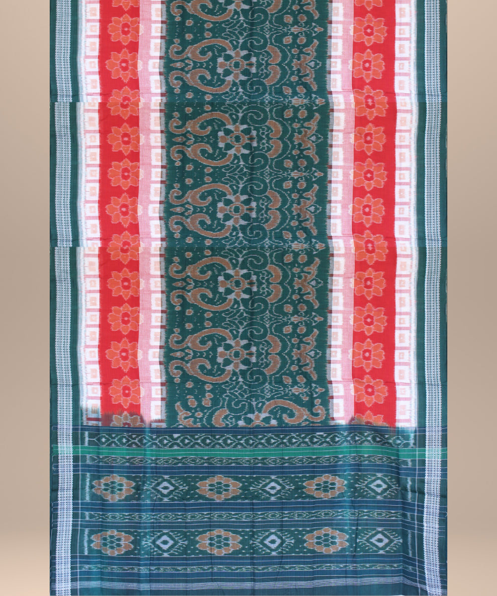 Dark green red cotton handwoven sambalpuri saree