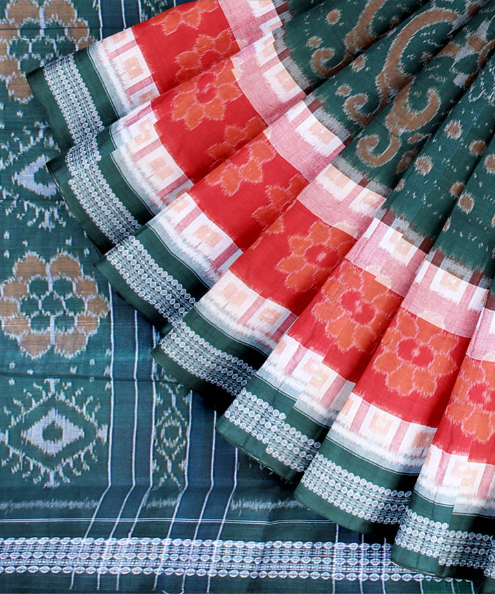 Dark green red cotton handwoven sambalpuri saree