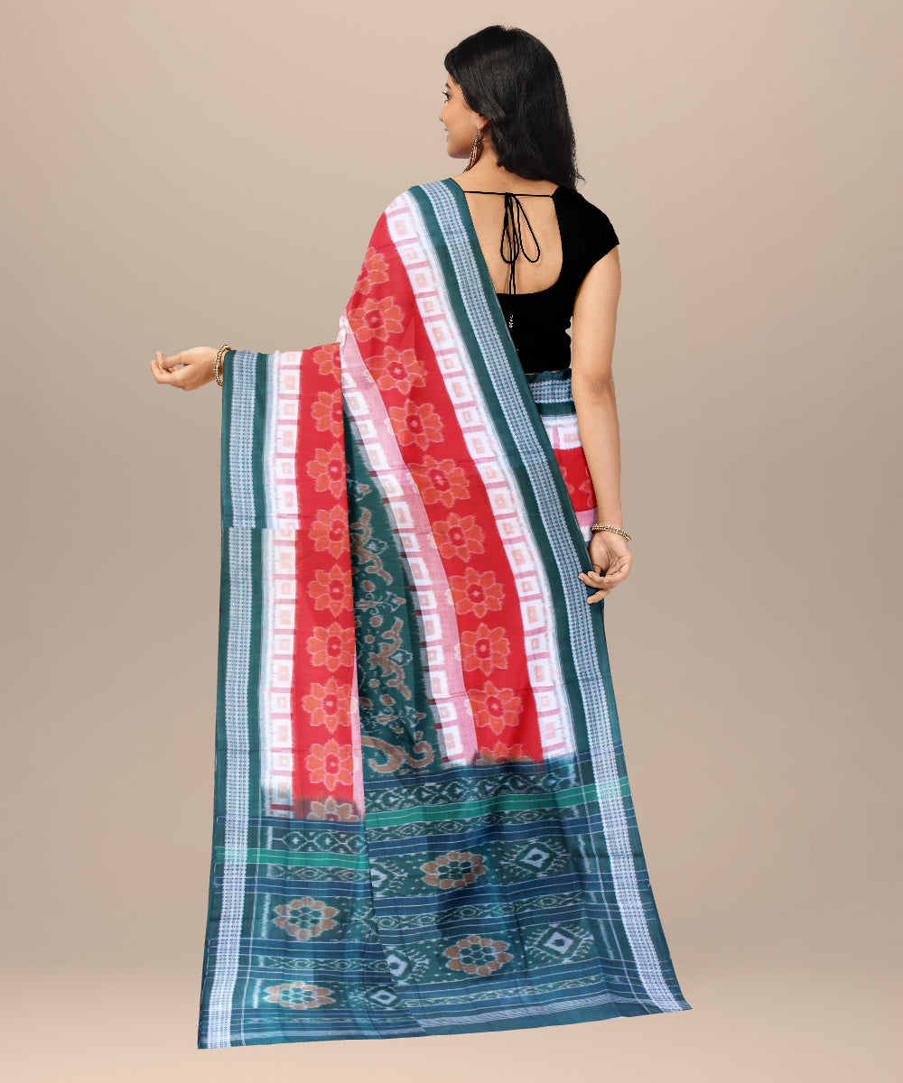 Dark green red cotton handwoven sambalpuri saree