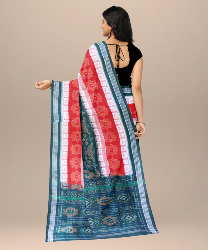 Dark green red cotton handwoven sambalpuri saree