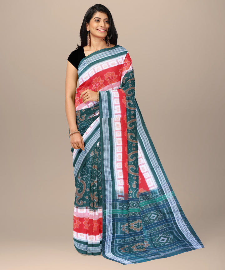 Dark green red cotton handwoven sambalpuri saree