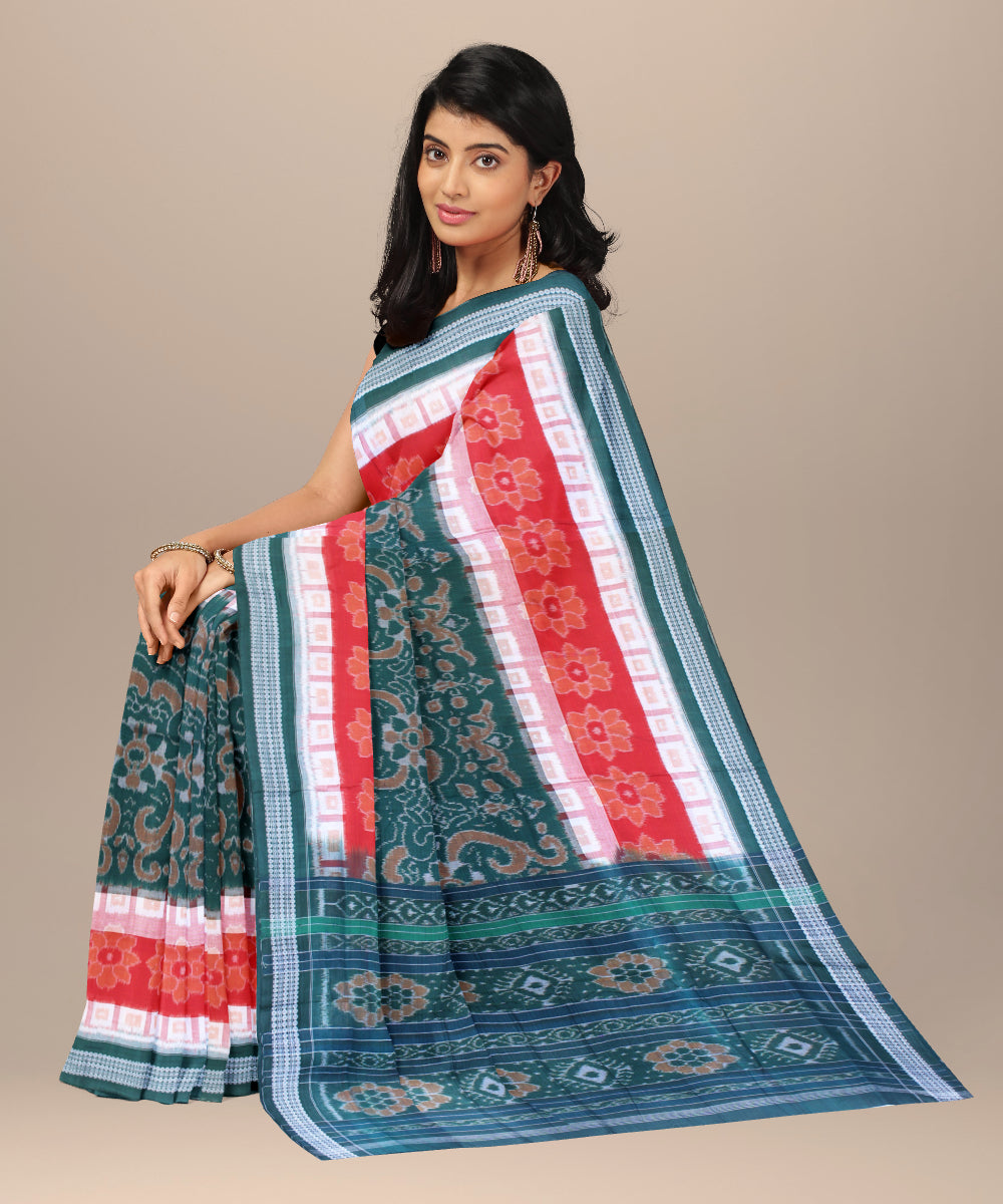 Dark green red cotton handwoven sambalpuri saree