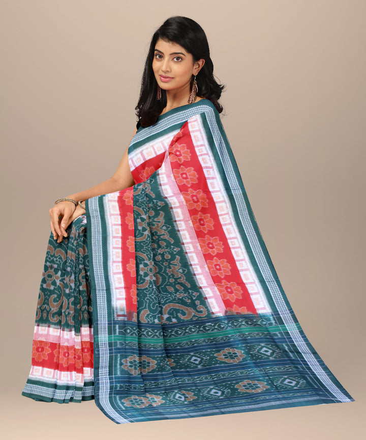 Dark green red cotton handwoven sambalpuri saree