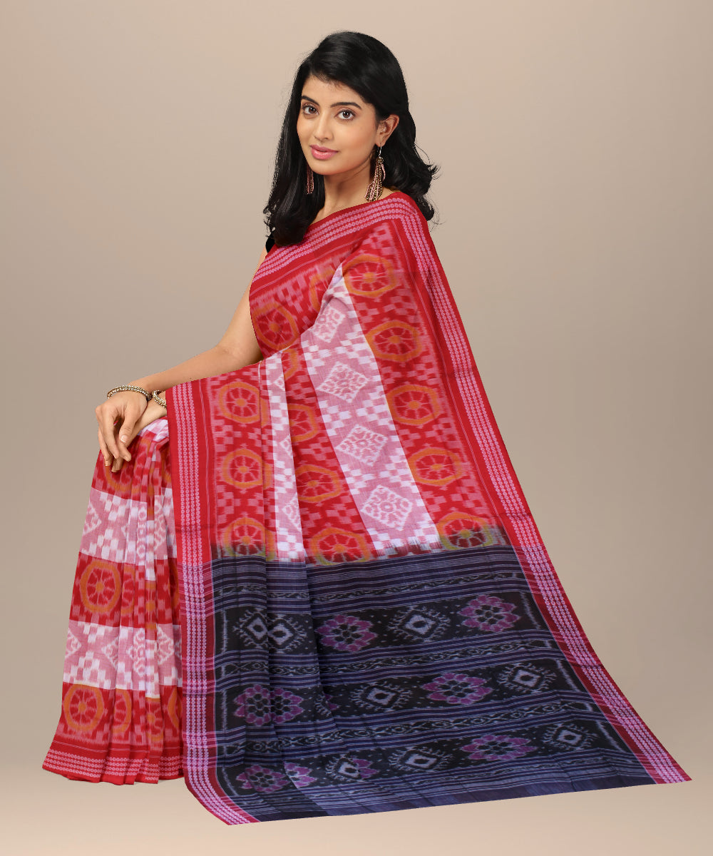 Red pink cotton handwoven sambalpuri saree