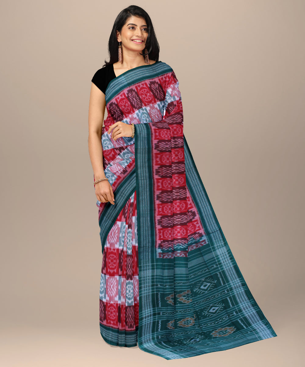 Red pink green cotton handwoven sambalpuri saree