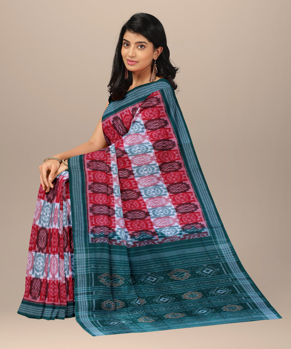 Red pink green cotton handwoven sambalpuri saree