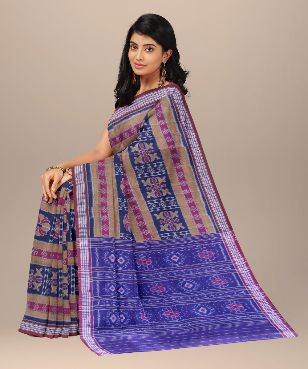 Navy blue marron cotton handwoven sambalpuri saree