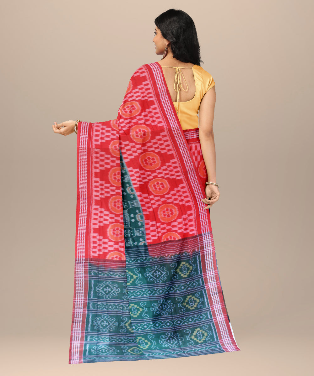 Red dark green cotton handwoven sambalpuri saree
